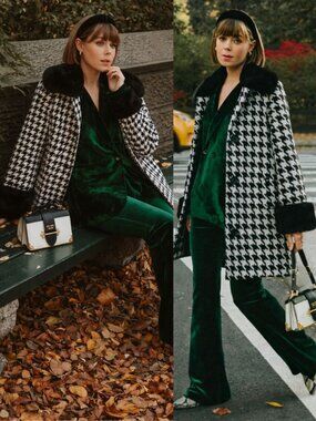 Reformation Lucille‎ Coat Houndstooth Faux Fur Black White Size XS